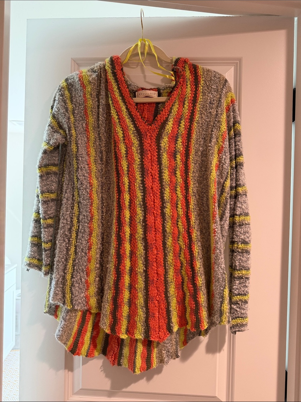 Love Stitch V-Neck Striped Sweater in Gray, Orange & Yellow